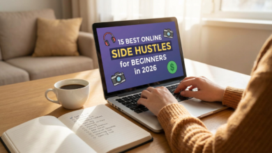 Person working on laptop from home doing online side hustle to make extra money