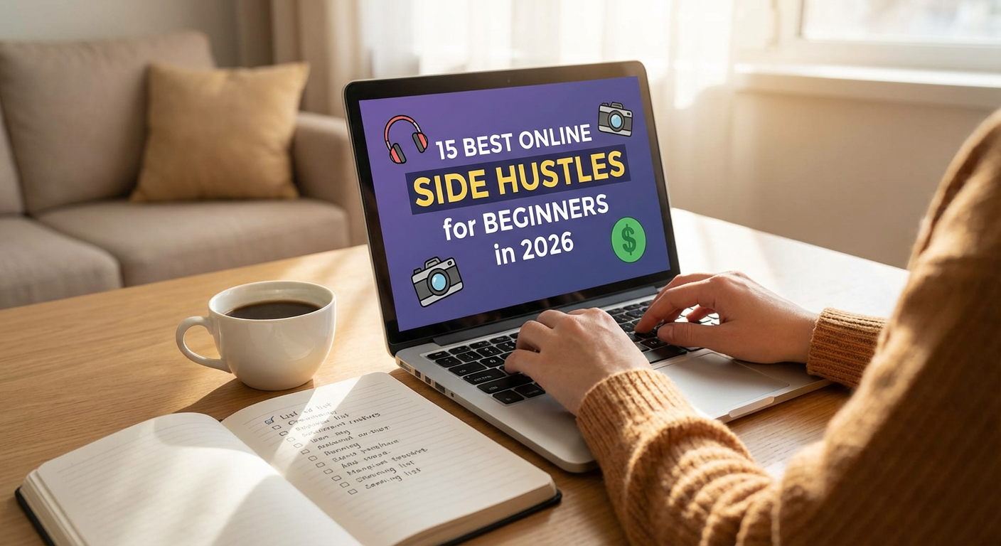 Person working on laptop from home doing online side hustle to make extra money